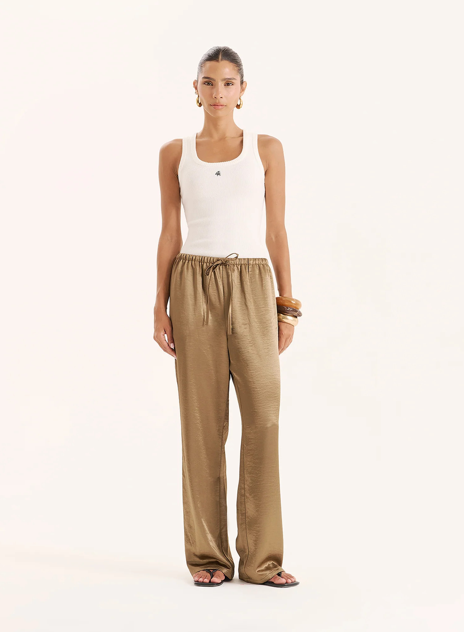 Mocha Satin Tie Waist Wide Leg Trouser- Shelby | 4th & Reckless
