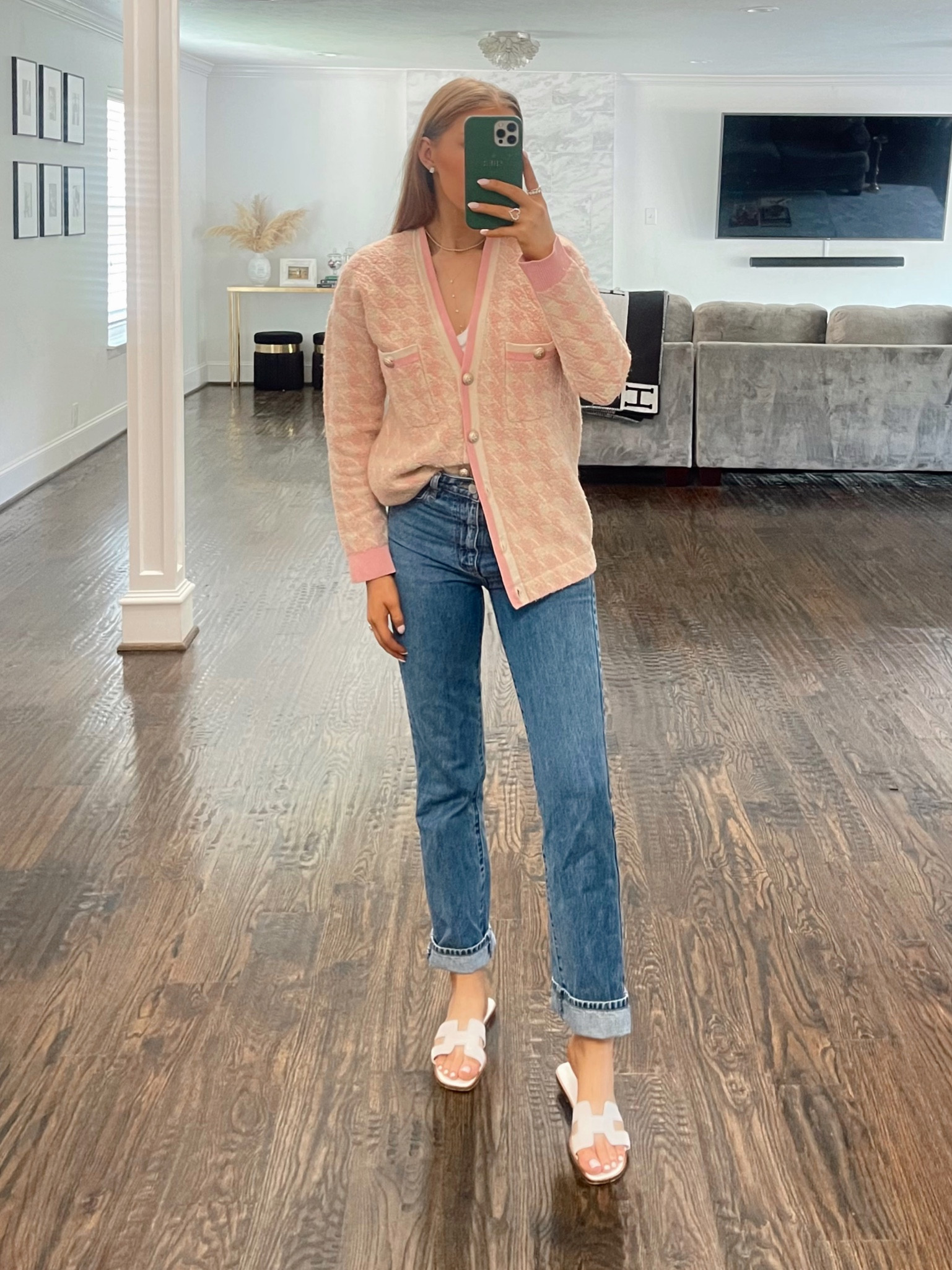 Ootd. Outfit ideas. Outfits. Pink cardigan. Sandro Paris. Rollas jeans. Straight leg jeans. Rent the runway  

#LTKunder100 #LTKworkwear #LTKstyletip