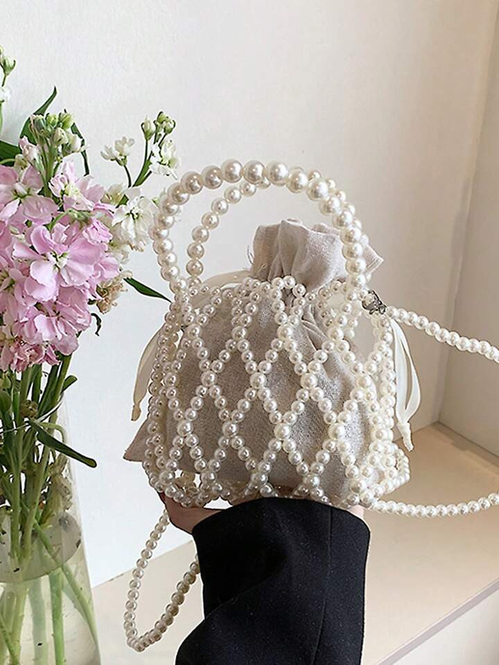Argyle Princess Faux Pearl & Rhinestone Beaded Pearl Bag Mini Satchel Bag Faux Pearl Beaded Draws... | SHEIN