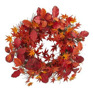 22" Japanese Maple, Magnolia Leaf & Berries Wreath By Nearly Natural in Null | Michaels® | Michaels Stores