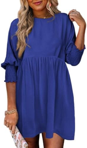 Dokotoo Womens Casual Dresses Empire Waist 3/4 Sleeve Crew Neck Flowy Babydoll Mini Dress | Amazon (US)