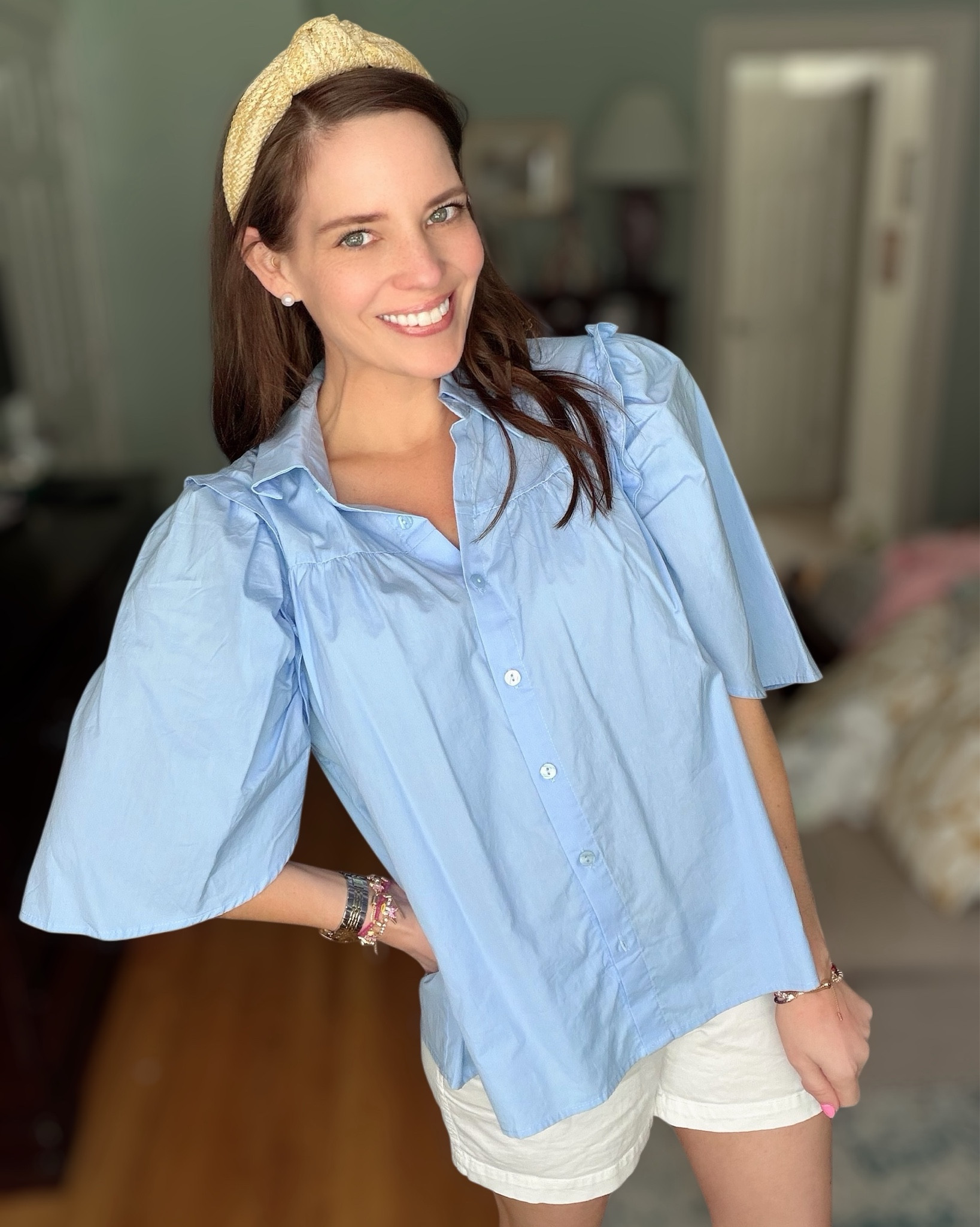 Coastal Classic Blue Top & Linen Shorts Outfit 🤍🦋

Easy, coastal-inspired look with the prettiest light blue button-down featuring soft ruffle details 💙 Paired with neutral linen shorts, raffia loafers, and a woven headband for that effortless preppy feel. The straw tote with blue accents ties everything together perfectly for spring and summer days ☀️

Lightweight, breathable, and perfect for everyday errands, lunch dates, or vacation styling. Such a chic yet comfortable outfit you can wear on repeat!

blue blouse outfit, coastal style outfit, preppy summer look, linen shorts outfit, raffia accessories, woven headband style, neutral summer outfit, classic feminine style, casual chic summer outfit, affordable summer fashion finds 💙

#LTKPetite #LTKOver40 #LTKootd

#LTKootd #LTKOver40 #LTKWorkwear