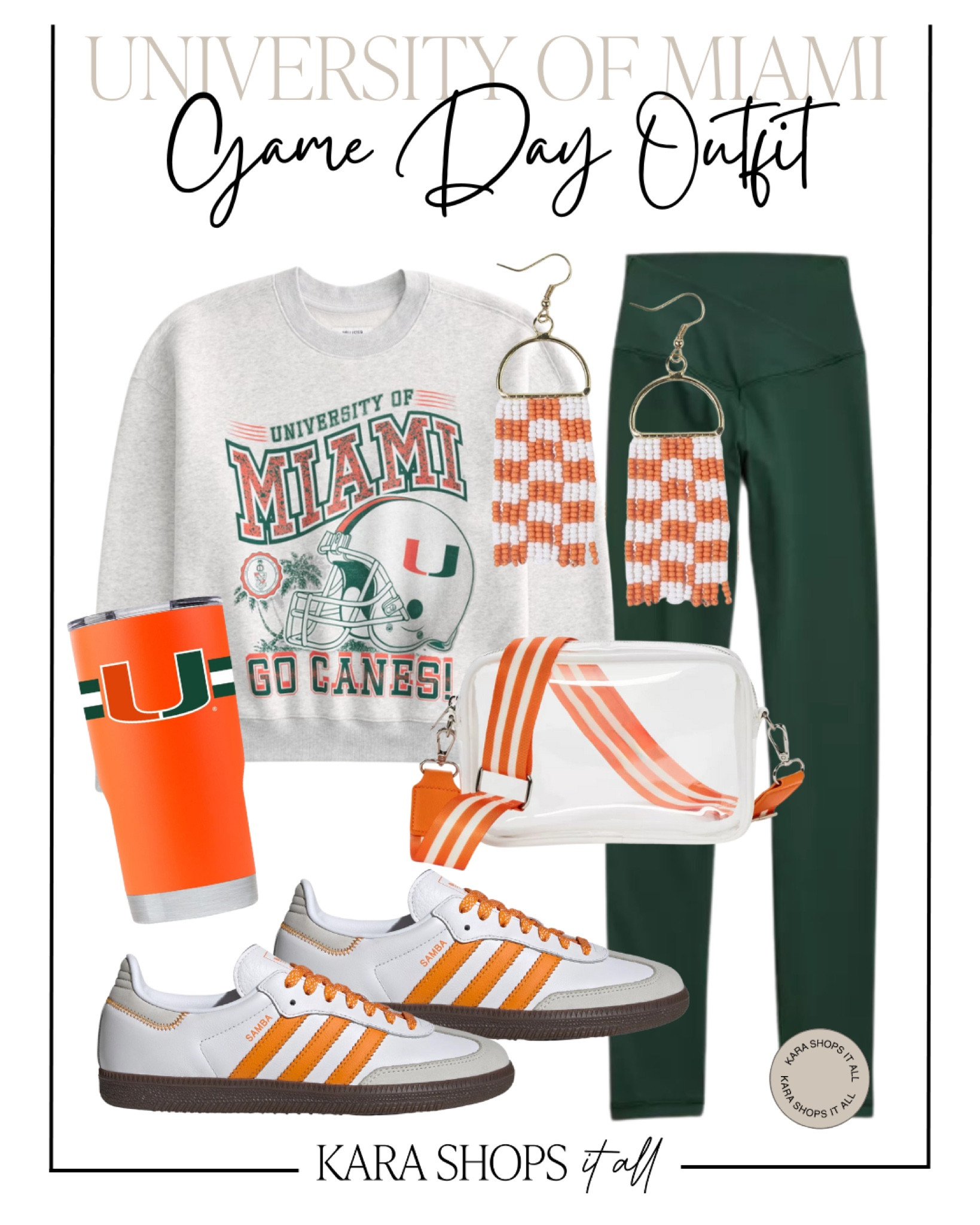 University of Miami game day look! Green leggings, crewneck, orange adidas, orange tumbler, orange and clear belt bag! 

#LTKSaleAlert #LTKStyleTip #LTKFallSale