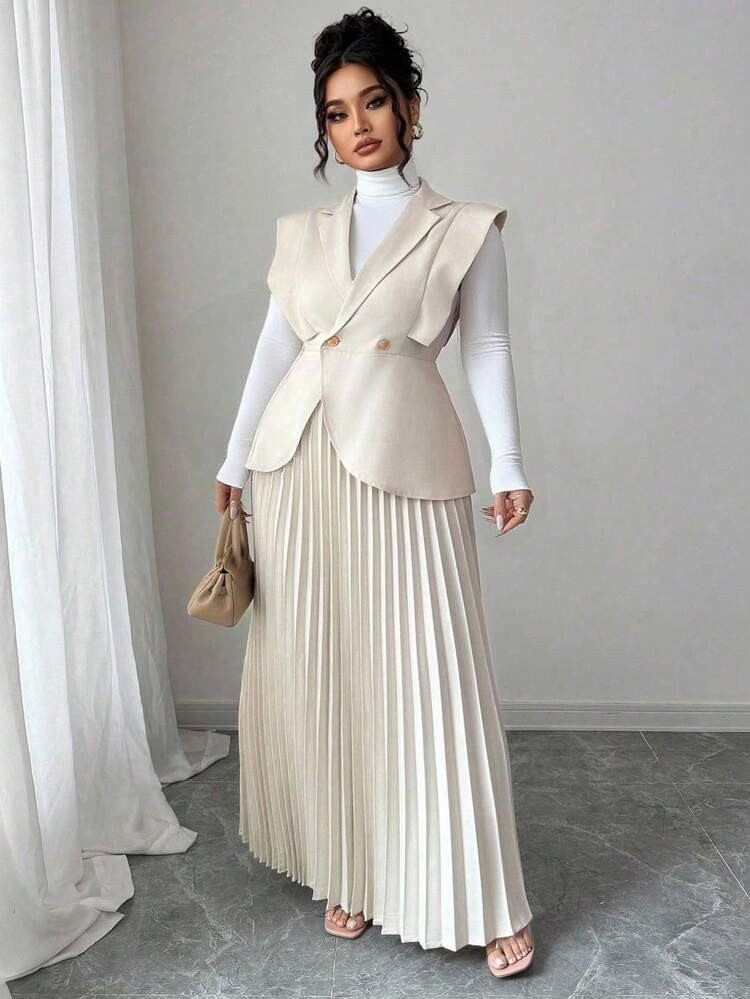 Elenzga Halloween Plus Size Women Elegant Commuter Style Fashion Suit Set, Woven Fabric, Solid Color Linen Blend, Lapel Trim, Cinched Waist Double-Breasted, Asymmetric Hem, Skirt Winter Fall Autumn | SHEIN