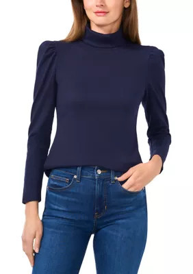 CeCe Women's Petite Rib Knit Puff Sleeve Turtleneck Sweater, Navy Blue, PL | Belk