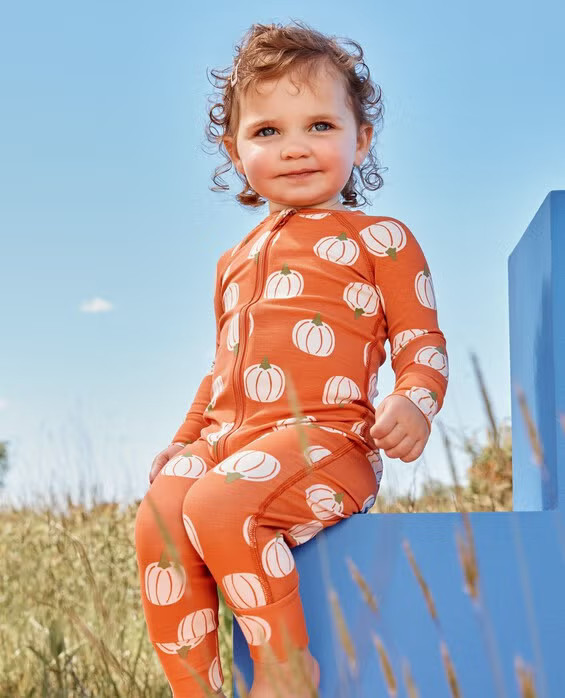 Baby Halloween HannaSoft™ Stretch Sleeper Pajamas in Perfect Pumpkins On Orange - Size NB by Hanna Andersson | Hanna Andersson