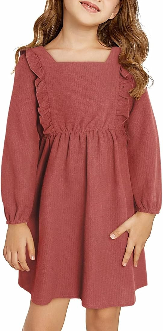 DOKOTOO KIDS Girls Ruffle Dress 2023 Fall Winter Long Sleeve Square Neck Dresses 7-14 Years | Amazon (US)