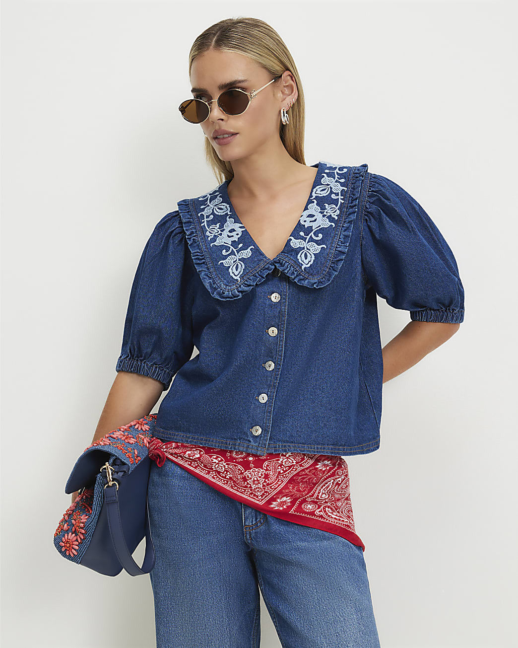 Petite Blue Embroidered Denim Shirt | River Island UK & IE