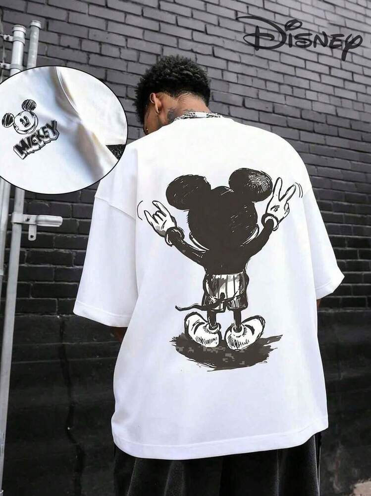 Disney Mickey Mouse Sketch Art Double-Sided Graphic Oversized T-Shirt, Unisex Retro Mickey Street... | SHEIN