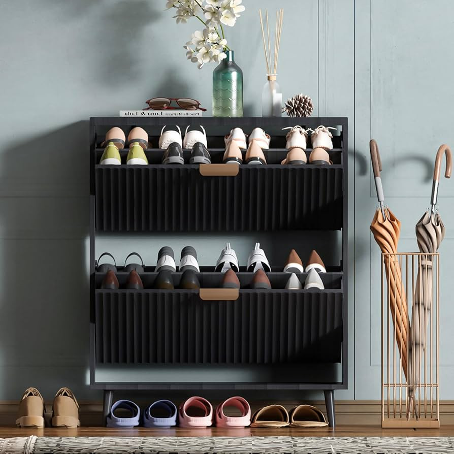 Shoe Cabinet Storage,Modern Freestanding Organizer with 2 Flip Drawers,Narrow Shoe Rack Cabinet f... | Amazon (US)
