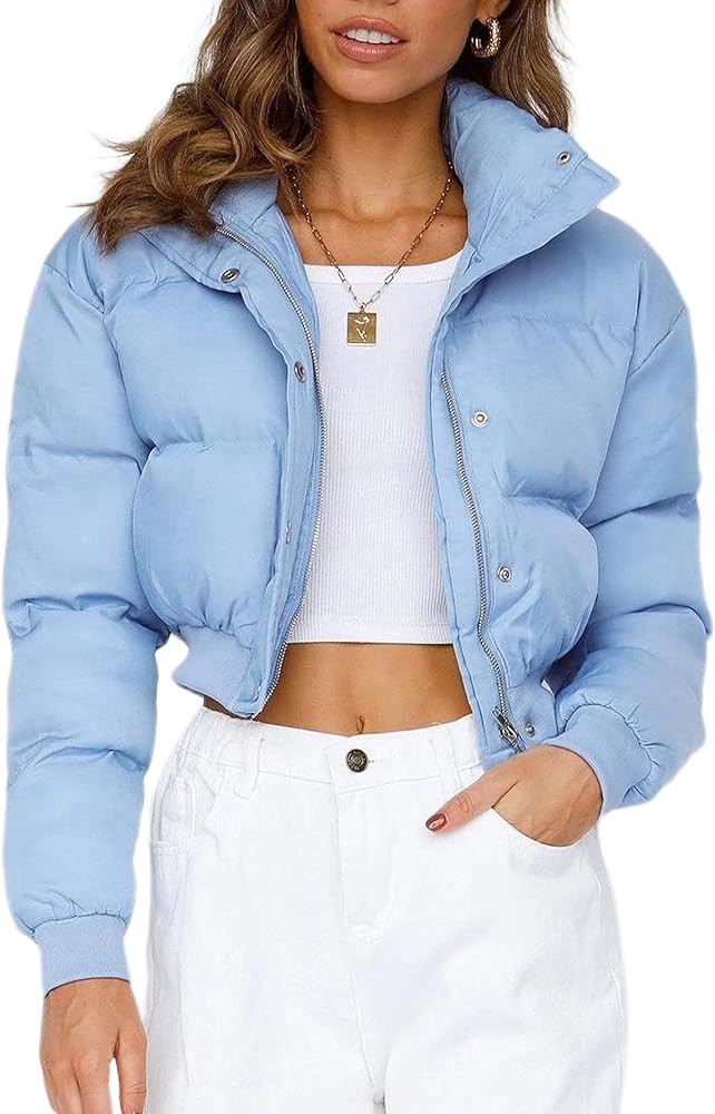 EsheSy Women's Cropped Puffer Jacket Zip Up Long Sleeve Winter Warm Padded Down Coat | Amazon (US)