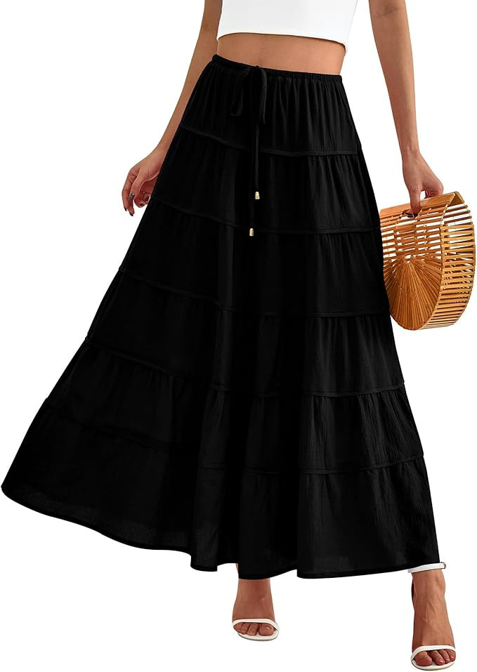 BTFBM Women Summer Maxi Skirt Drawstring Elastic Mid-Waist Cotton Boho Beach Dress Tiered Flowy L... | Amazon (US)