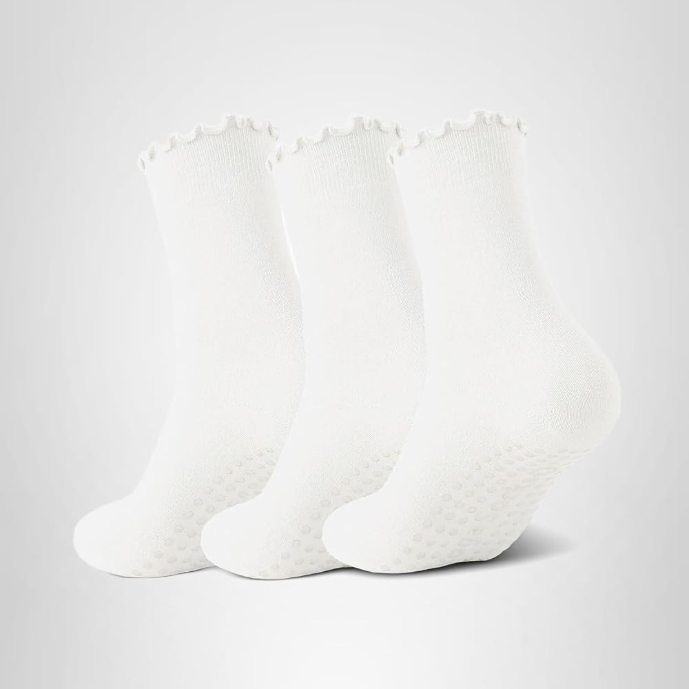 3 Pairs Pilates Socks with Grips Non-slip Ruffle Yoga Sock Grip Sock for Women | Amazon (US)