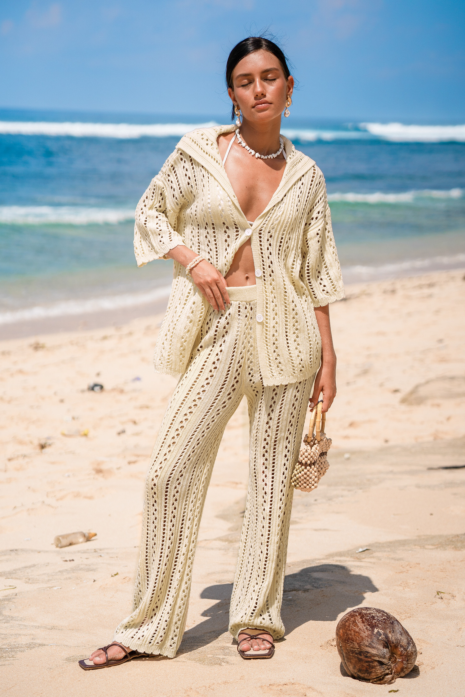 Cream Collared Button-Up Crochet Top & Pants Set | Cupshe US