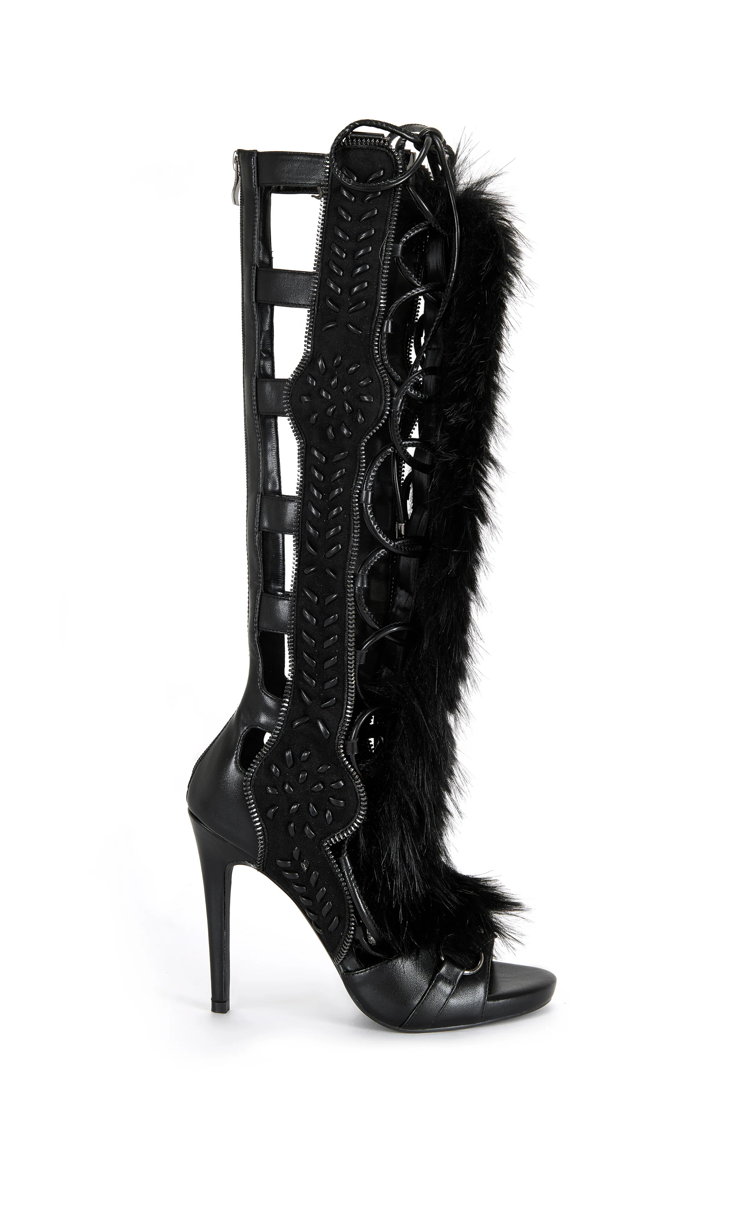 SHAINE-BLACK FAUX FUR GLADIATOR SANDAL BOOT | Azalea Wang