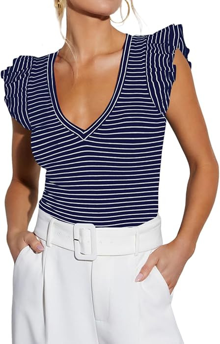 Ezbelle Womens V Neck Tank Summer Tops Striped Tshirts Ruffle Short Sleeve | Amazon (US)