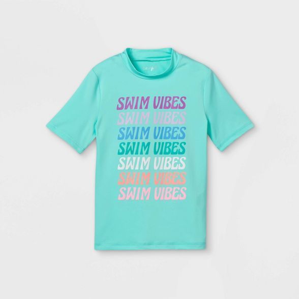 Girls' Vibes Short Sleeve Rash Guard Swim Shirt - Cat & Jack™ Aqua | Target