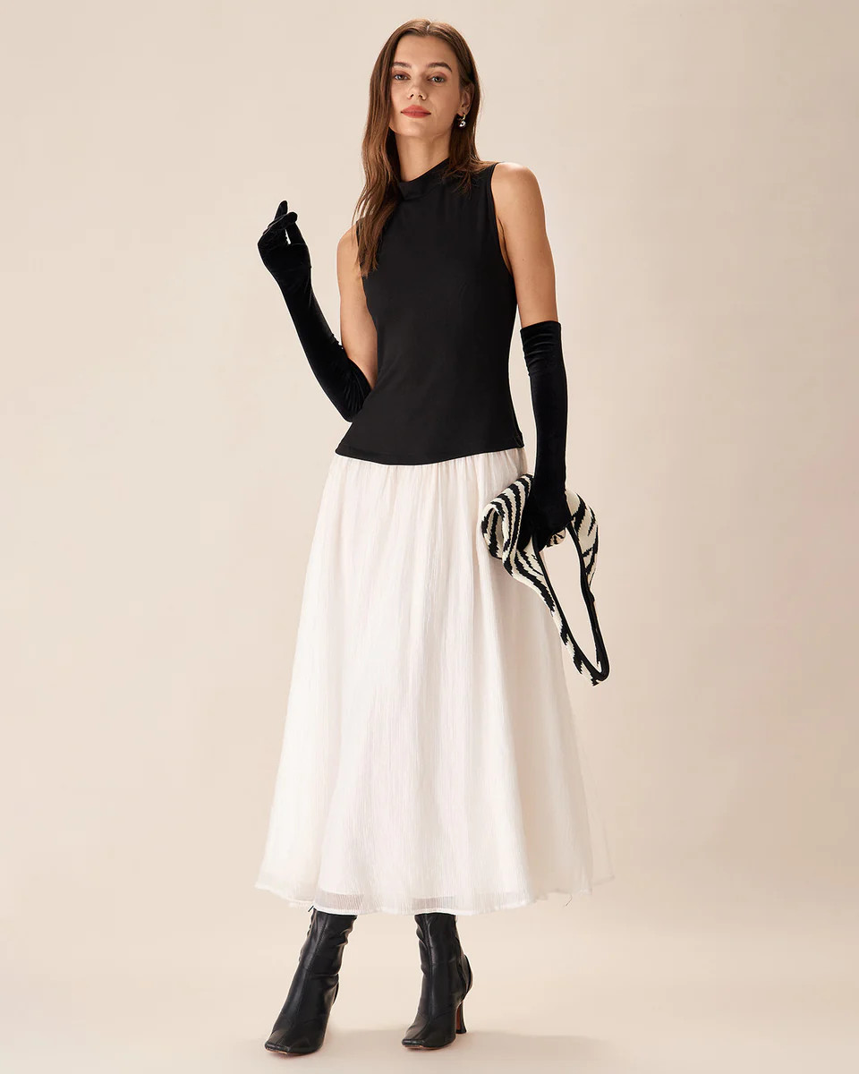 Black Contrasting Knit Ribbed Maxi Dress | rihoas.com