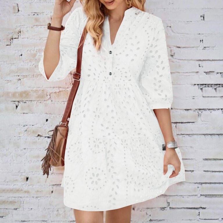 Women's Casual Loose Fit V-Neck Button Down Eyelet Lace Dress with 3/4 Sleeves Perfect for Summer... | Walmart (US)