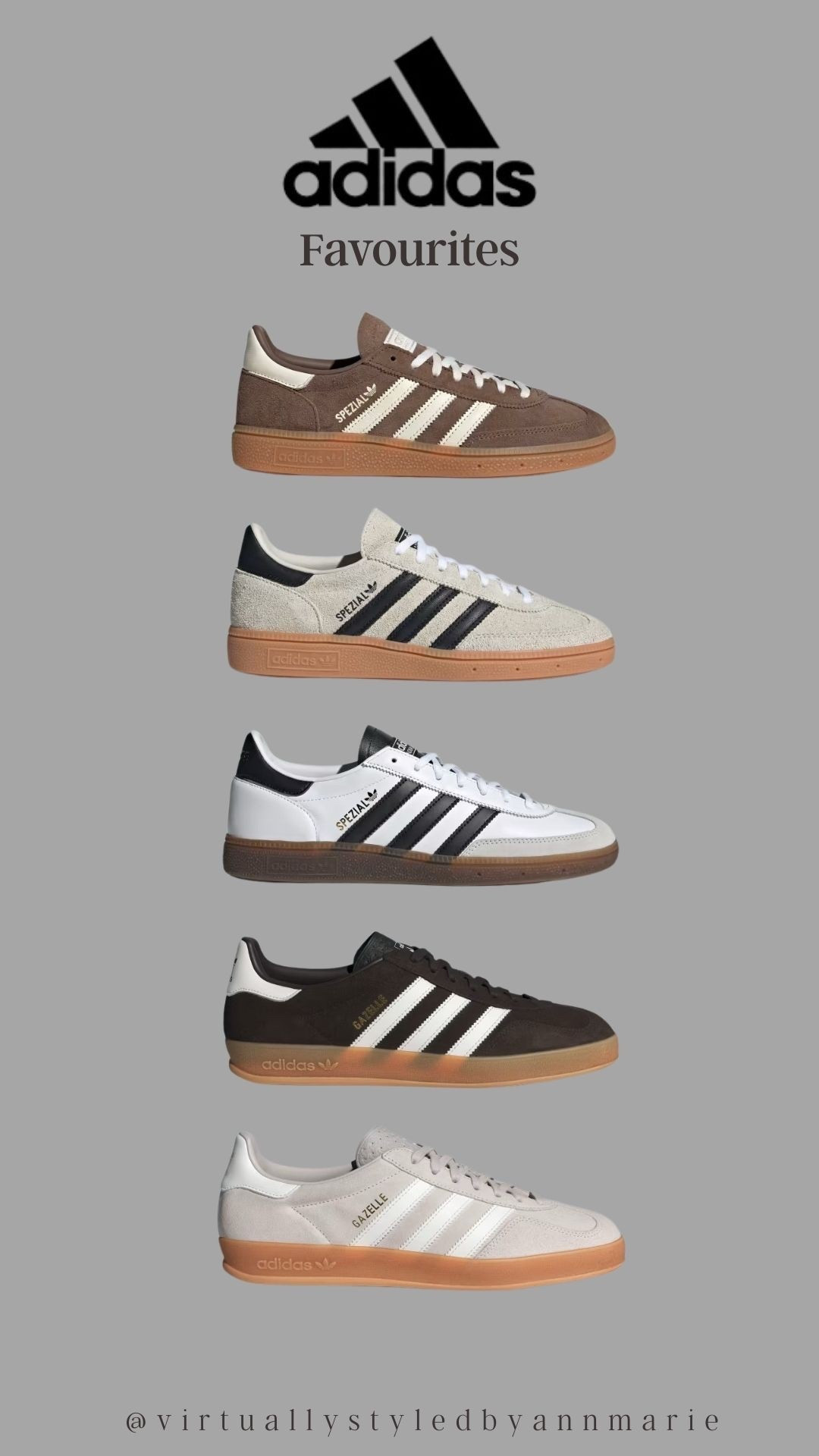 My adidas trainers favourites 
I love Spezials & Gazelles over Sambas (feel the later are too flat and can make your feet look big) 

I size up in Adidas at least a 1/2 size 

#LTKover50style #LTKshoes #LTKstyletip