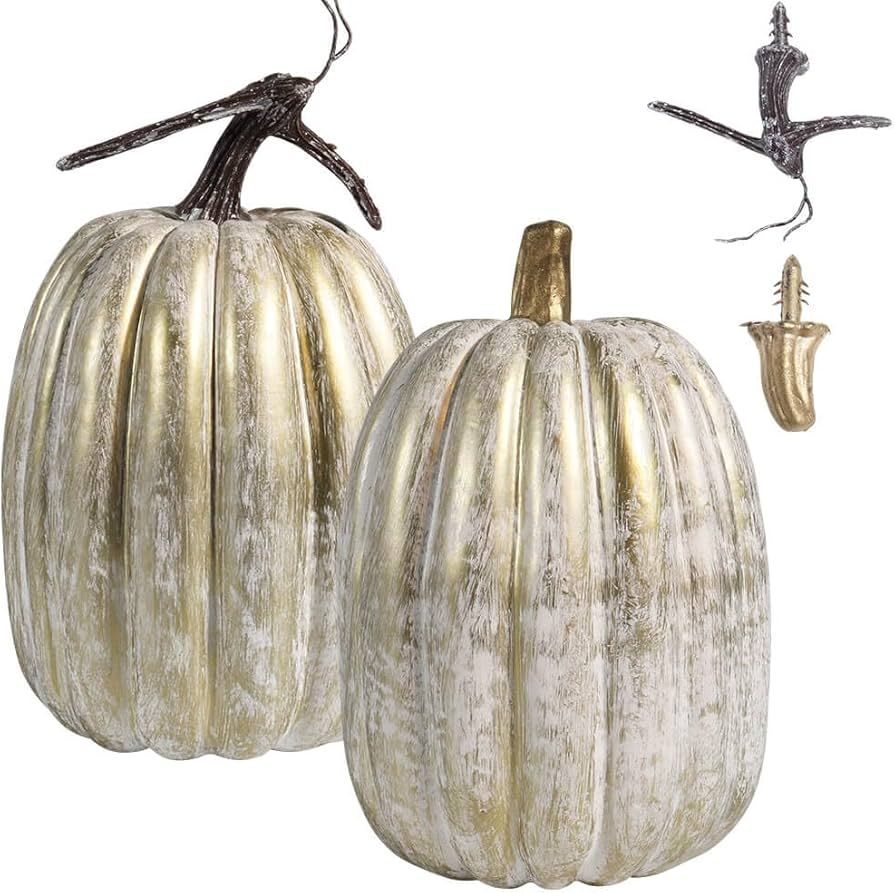 vensovo 8.5 Inch Large Gold Plastic Pumpkins for Decorating - 2PCS Big Decorative Foam Pumpkins f... | Amazon (US)