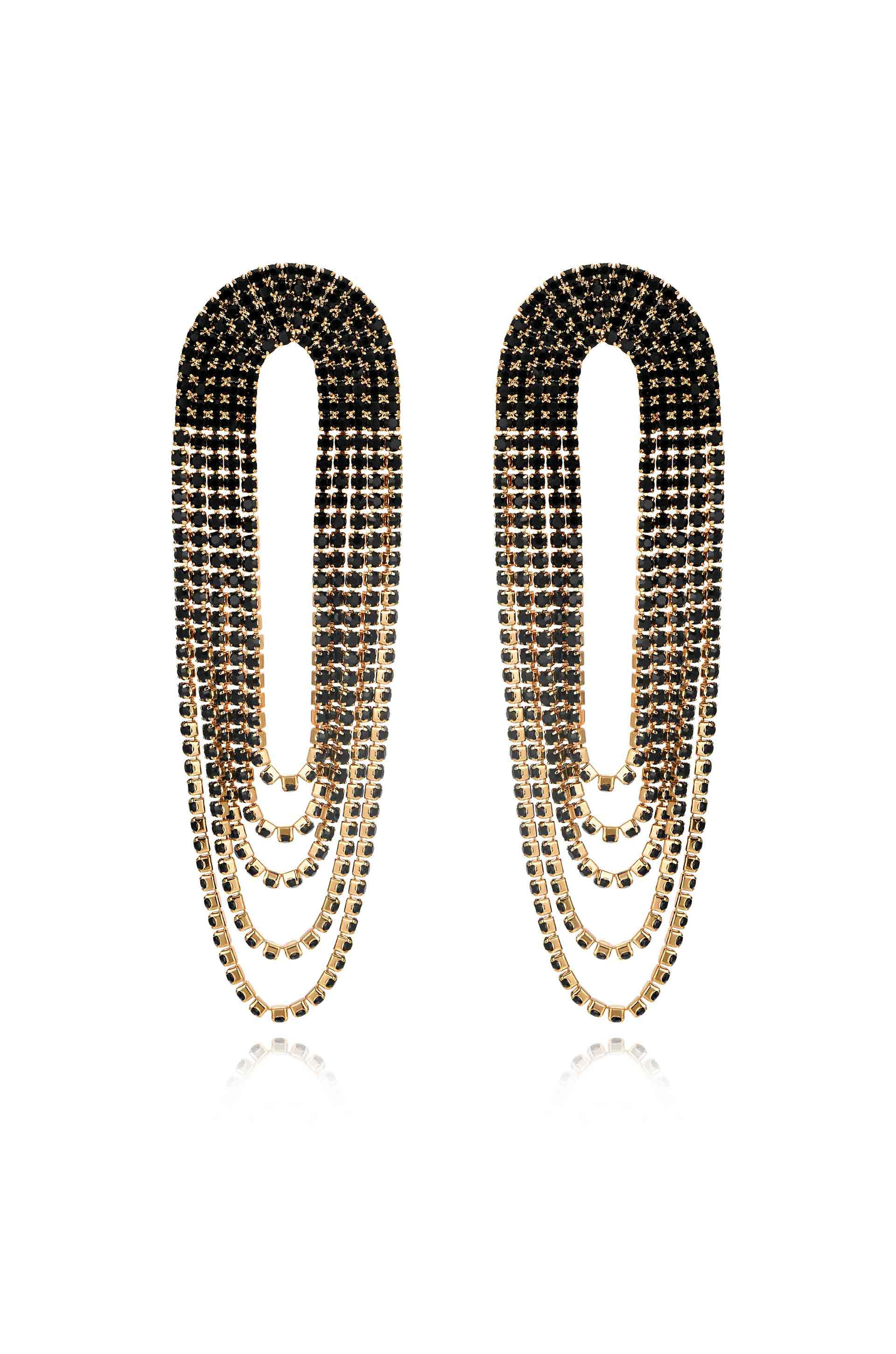 Crystal Drape Fringe Earrings - Black Crystal with 18k Gold Plating / One Size | Ettika