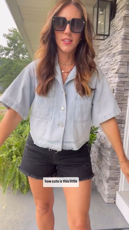 Boxy cropped short sleeve denim top, where as a blouse or opened up as a denim jacket! - size small 
raw hem black denim shorts — wearing size 27 
strappy black sandals
Amazon sunnies 
colorful beaded initial necklace (letter R)

summer outfit, casual Summer style, shorts outfit, 

#LTKFindsUnder50 #LTKStyleTip #LTKSaleAlert
