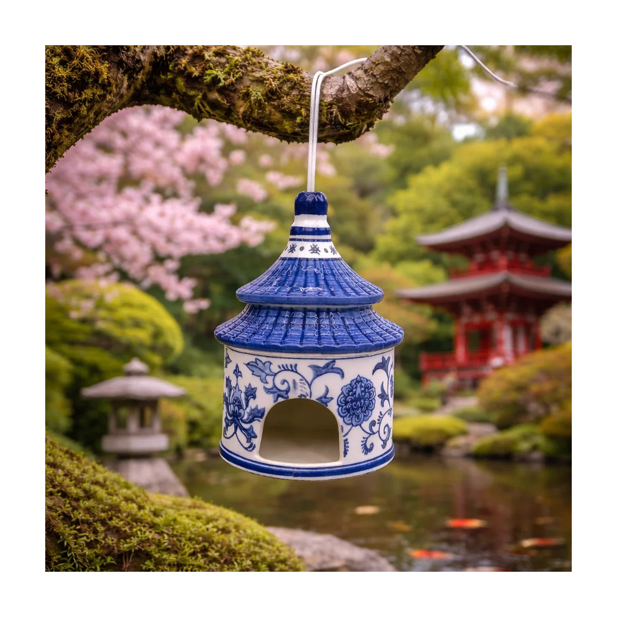 Bethony 8X4.5" Chinoiserie Pagoda Bird House, White/Blue | Wayfair North America