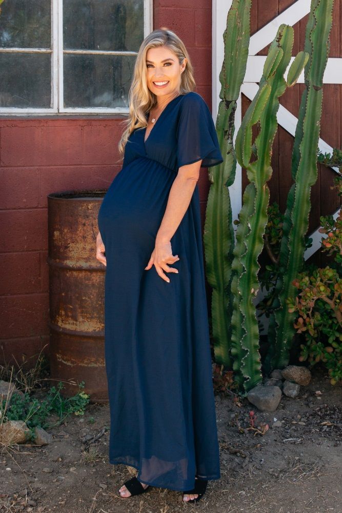 Navy Chiffon Bell Sleeve Maternity Maxi Dress | PinkBlush Maternity