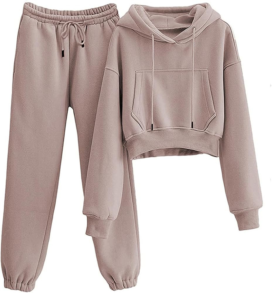Tanming Women 2 Piece Outfits Sweatsuits Crop Pullover Fleece Sweatshirt Jogger Pants Lounge Set | Amazon (US)