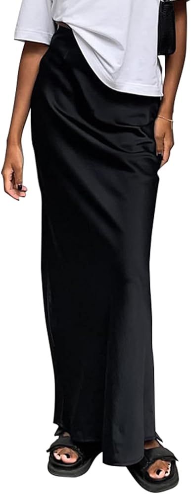 Women's Satin Silky High Waist Maxi Skirt Elegant Elastic Waistband A Line Long Skirts | Amazon (US)
