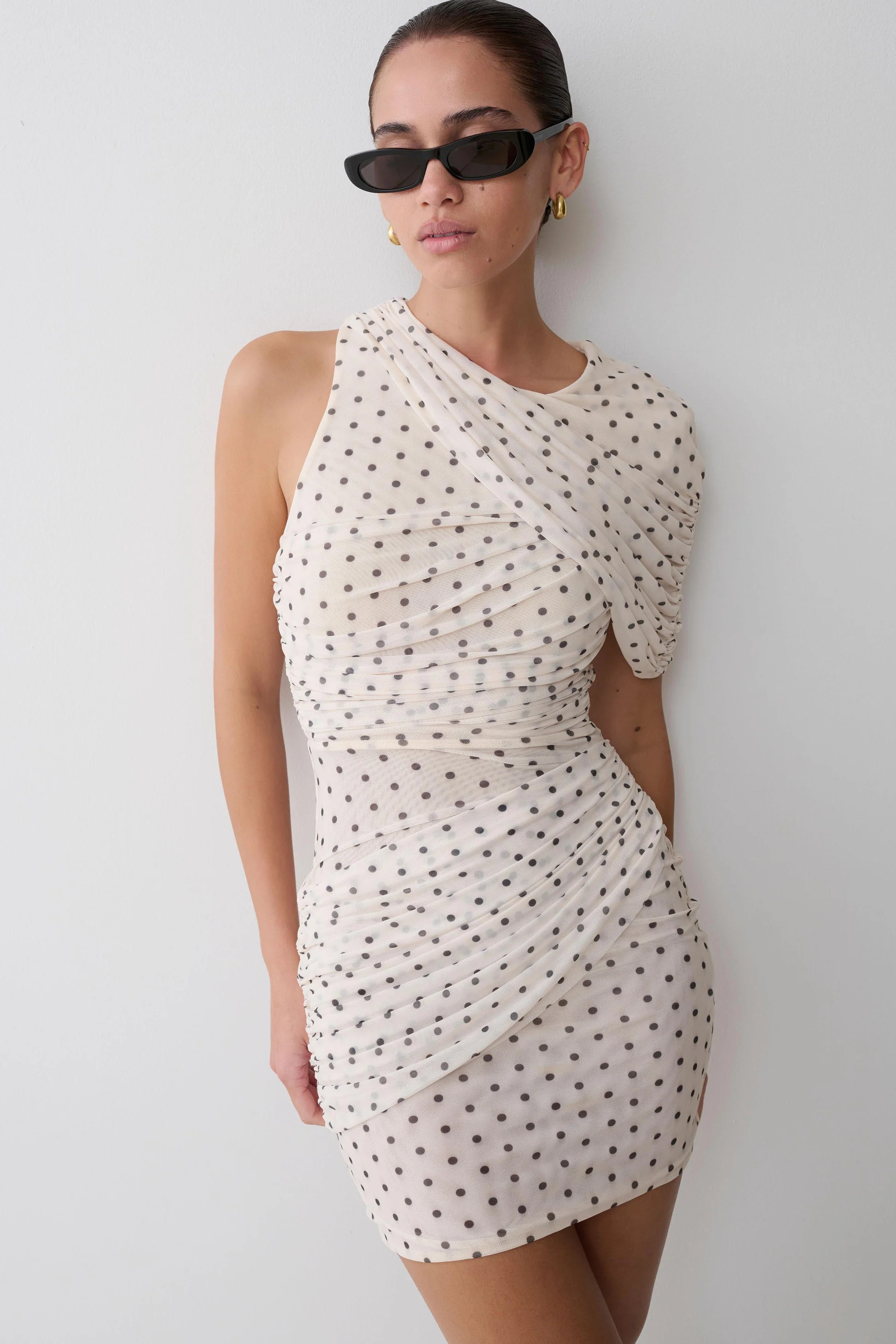 One Shoulder Mesh Mini Dress - Polka Dot | MESHKI US