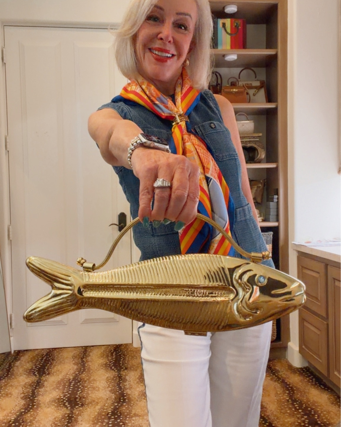 Fish bag by FIN. Gold-tone brass exterior with crystal eye
Clasp closure
One main compartment
Gold fish design
Velvet interior
No two pieces are alike: each bag is handcrafted, so natural imperfections, discoloration and subtle variations are to be expected (and loved).
Measures approx 13.5" W x 3.5" H x 1.1" D
Denim vest on sale

#LTKOver40 #LTKgrwm #LTKootd