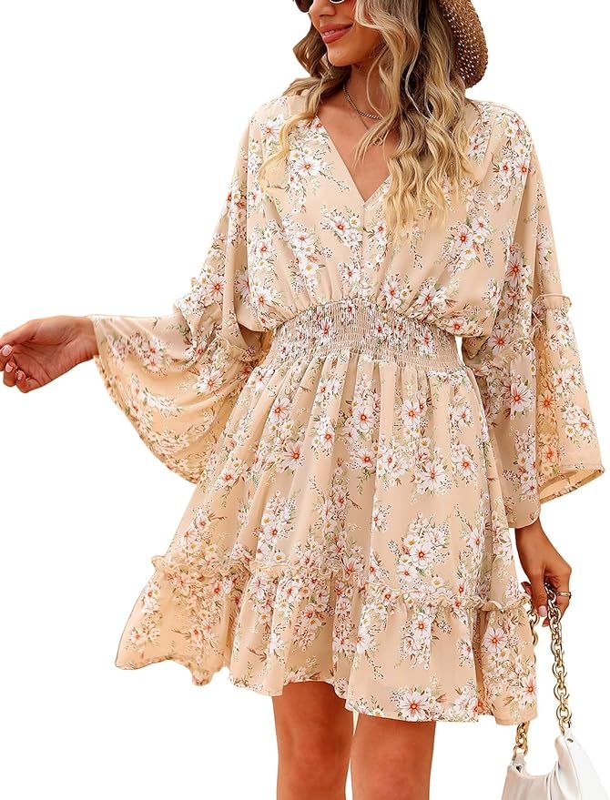 Jollycode Women's Spring Summer 2023 Floral Mini Dress Boho A Line Chiffon Dress Casual Batwing S... | Amazon (US)