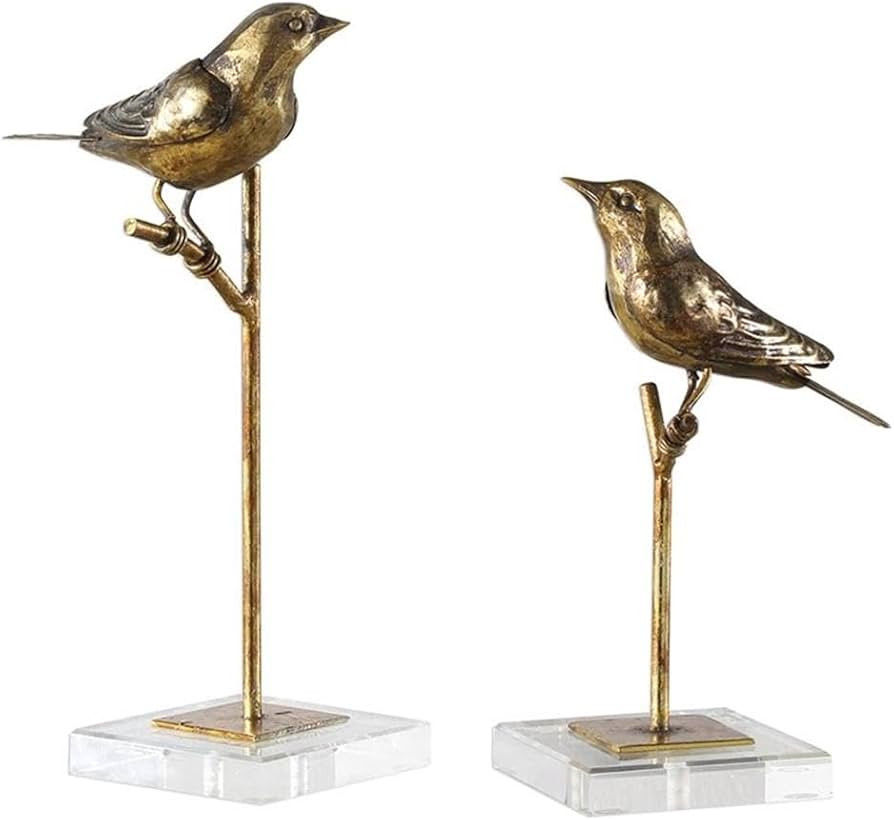 MAKLAINE 2-Piece Polyresin Metal Bird Sculpture Set, Antique Gold Finish, Coastal Style Decorativ... | Amazon (US)