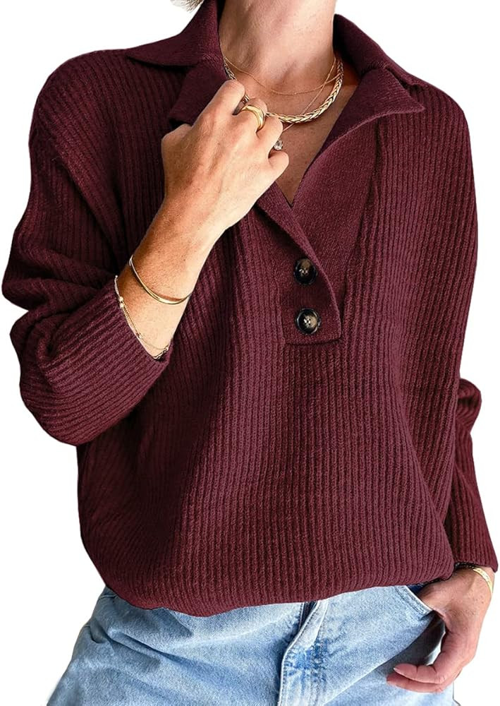 Women's Snap-Buttons Foldover Collar Henley Knitted Pullover Sweater Tops | Amazon (US)