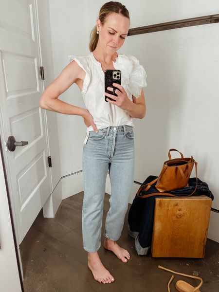 My favorite pair of cropped straight jeans. I size down one size for a higher rise. These are two sizes down and fit as well. Agolde jeans tend to stretch as they’re 100% cotton. 