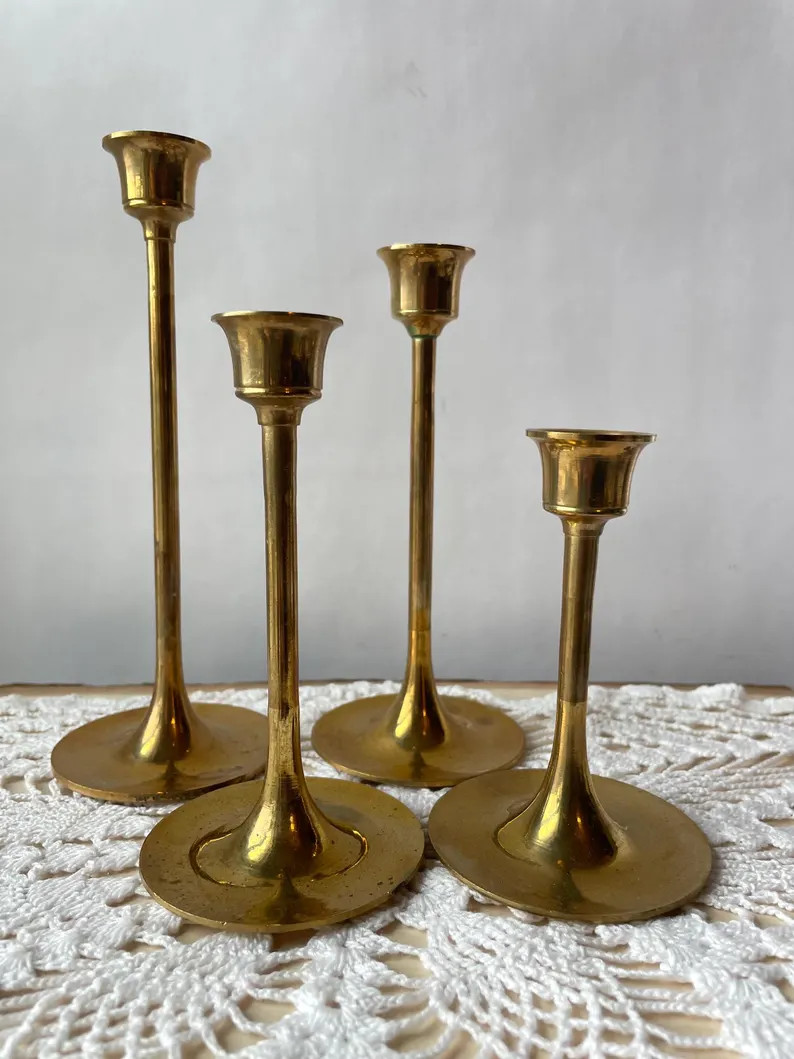Four Vintage Solid Brass Candlestick Holders, VTG Taper Candle Holder Set of 4 Made in Taiwan Can... | Etsy (US)