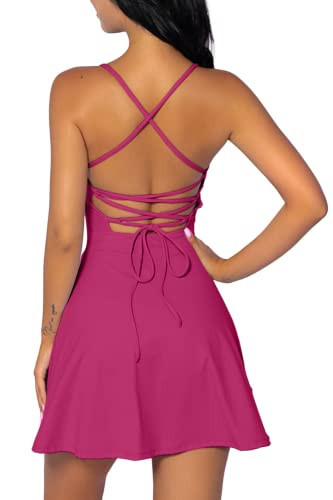 QINSEN Womens Tennis Dress with Shorts Workout Open Back Active Golf Dresses Rosy L | Amazon (US)