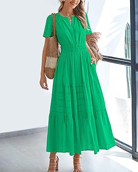 BTFBM Womens Summer 2026 Casual Midi Maxi Dresses Lightweight Short Sleeve V Neck Elastic Waist B... | Amazon (US)