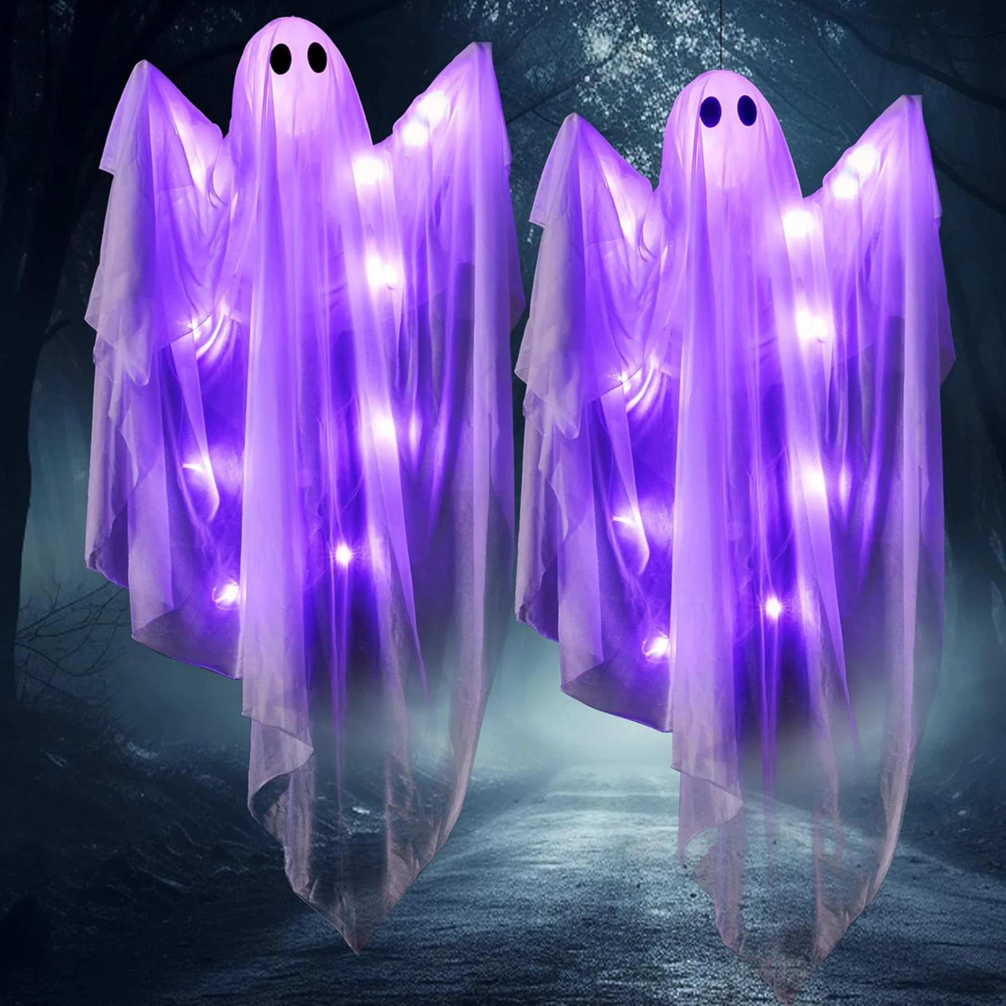 2 Pcs 47” Halloween Light Up Hanging Ghost Decoration Outdoor With Warm LED Light, Halloween Flying Hanging Ghosts For Haunted House Prop, Front Yard | Wayfair North America
