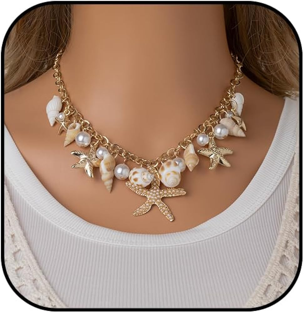 Starfish Necklace for Women Gold Shell Charm Necklaces Bohemian Starfish Choker Conch Pearl State... | Amazon (US)