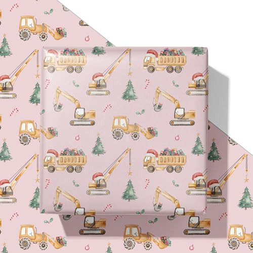 SaringSwoon Pink Construction Christmas Wrapping Paper for Kids - Holiday Wrapping Paper with Dump Trucks, Cranes, Excavators with Santa Hats & Gifts, Christmas Tree - 40×28 Inches, 4 Folded Sheets | Amazon (US)