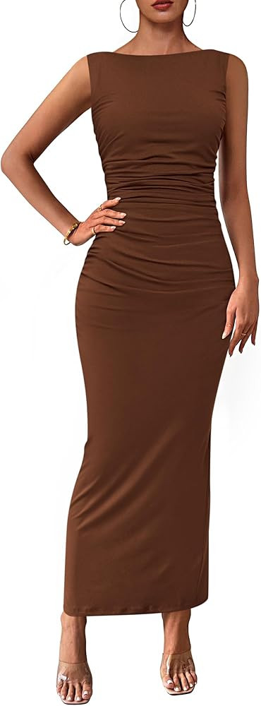 PRETTYGARDEN Women's 2025 Summer Semi Formal Midi Dresses Sleeveless Ruched Bodycon Long Elegant ... | Amazon (US)