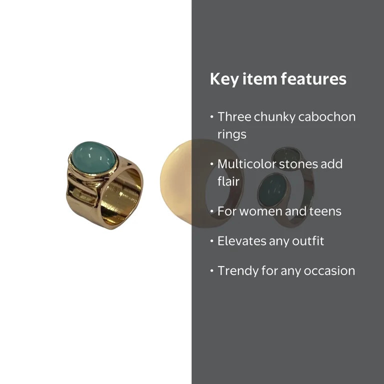 Time and Tru Multicolor Cabochon Chunky Rings for Female Adults and Teens, 3 Pack | Walmart (US)