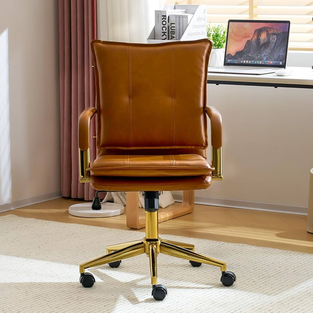 Mid-Back Ergonomic Leather Office Chair, Modern Upholstered Executive Desk Chair with Gold Frame ... | Amazon (US)