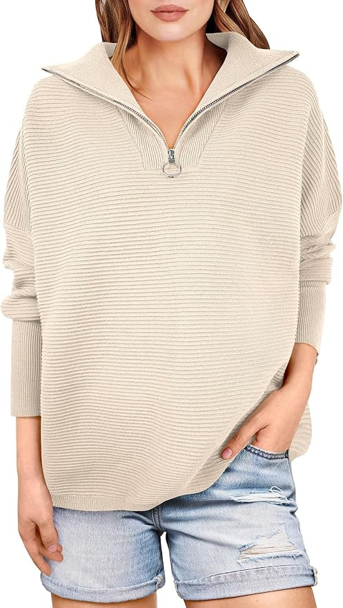 ANRABESS Women Quarter Zip Oversized Casual Loose Rib Knit Cozy Pullover Sweaters Top 2024 Fall F... | Amazon (US)