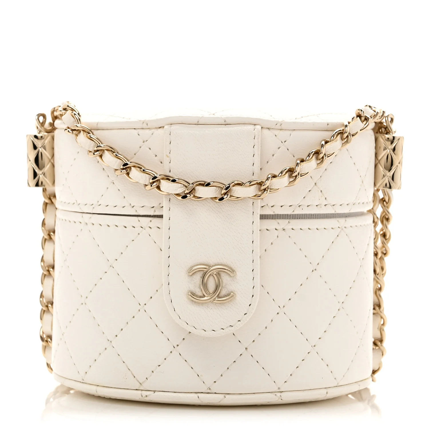 Lambskin Quilted Round Mini Vanity Case With Chain White | FASHIONPHILE (US)