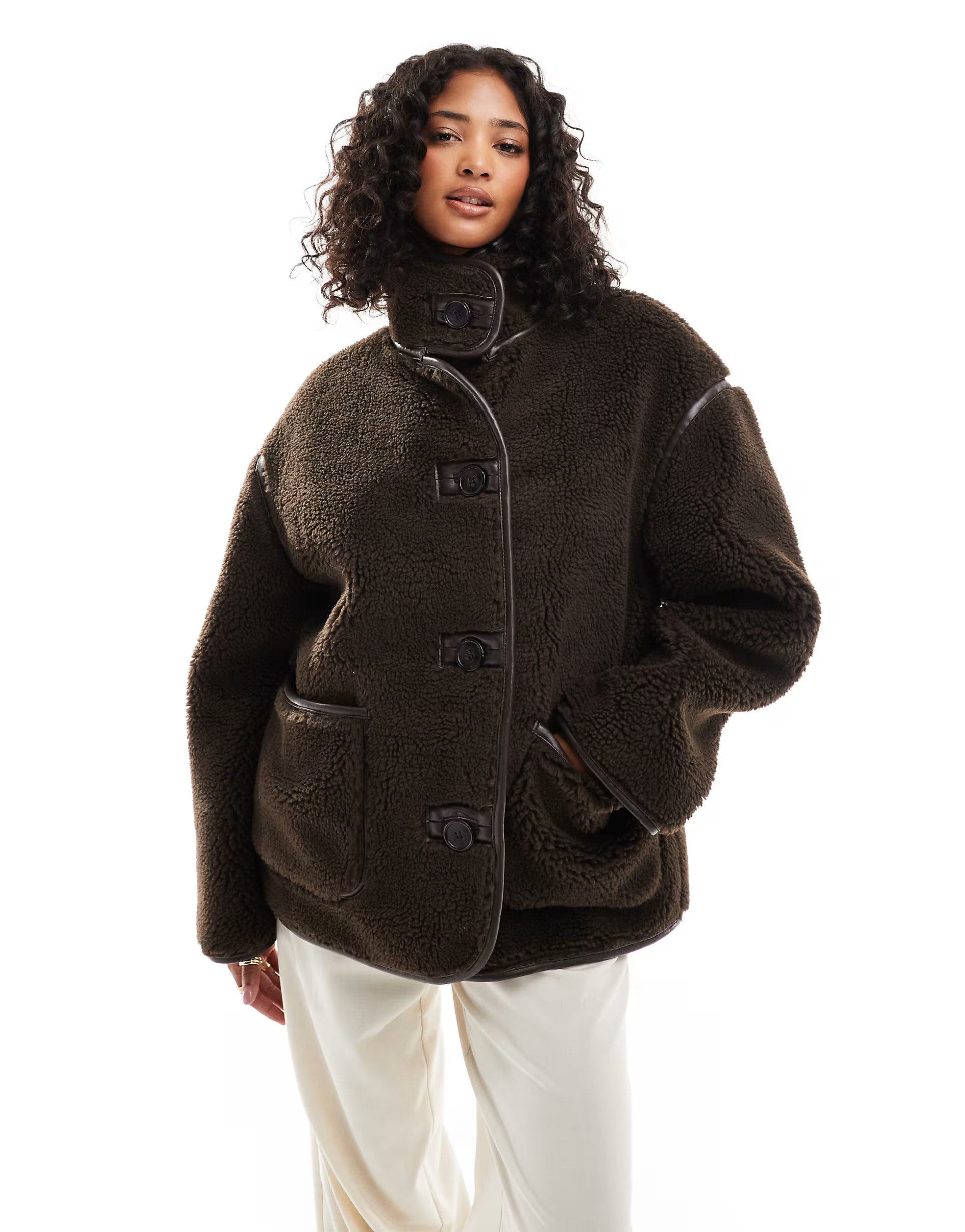 ASOS DESIGN borg funnel neck jacket in chocolate | ASOS (Global)