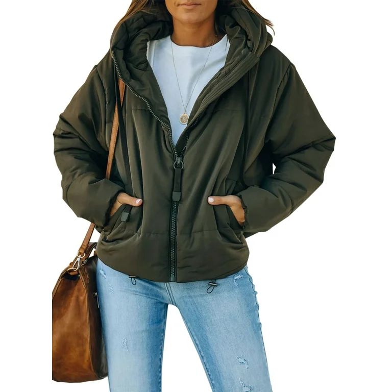 Dokotoo Women's Casual Jacket Coat Full Zipper Hooded Puffer Jacket Warm Soft Drawstring Winter O... | Walmart (US)